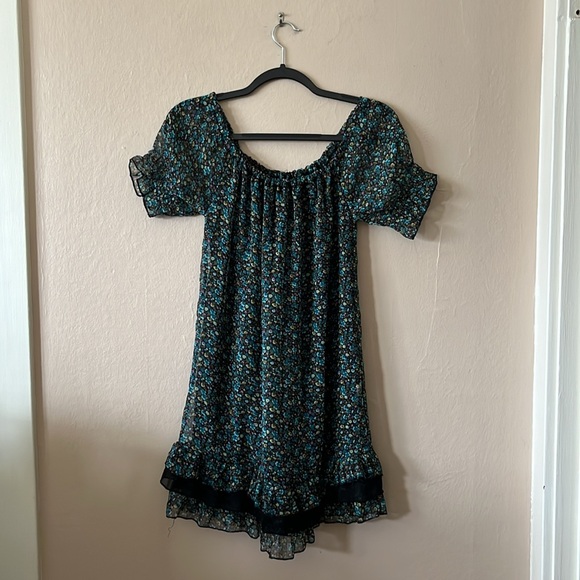 Mei Li Lin Blue Black Floral Mini Ruffle Dress XS/S P - Picture 6 of 10